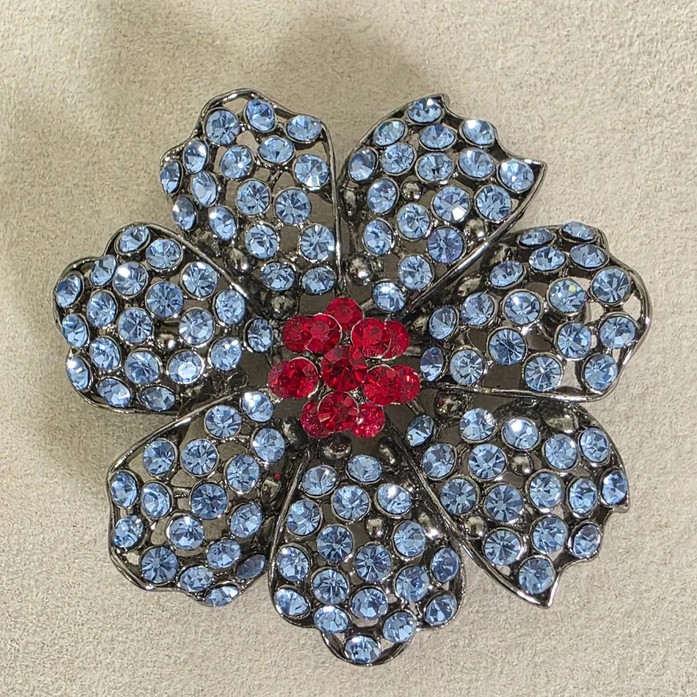 Vintage Silver with Red and Blue Crystal Rhinestone Flower Brooch Pin - Picture 3 of 6